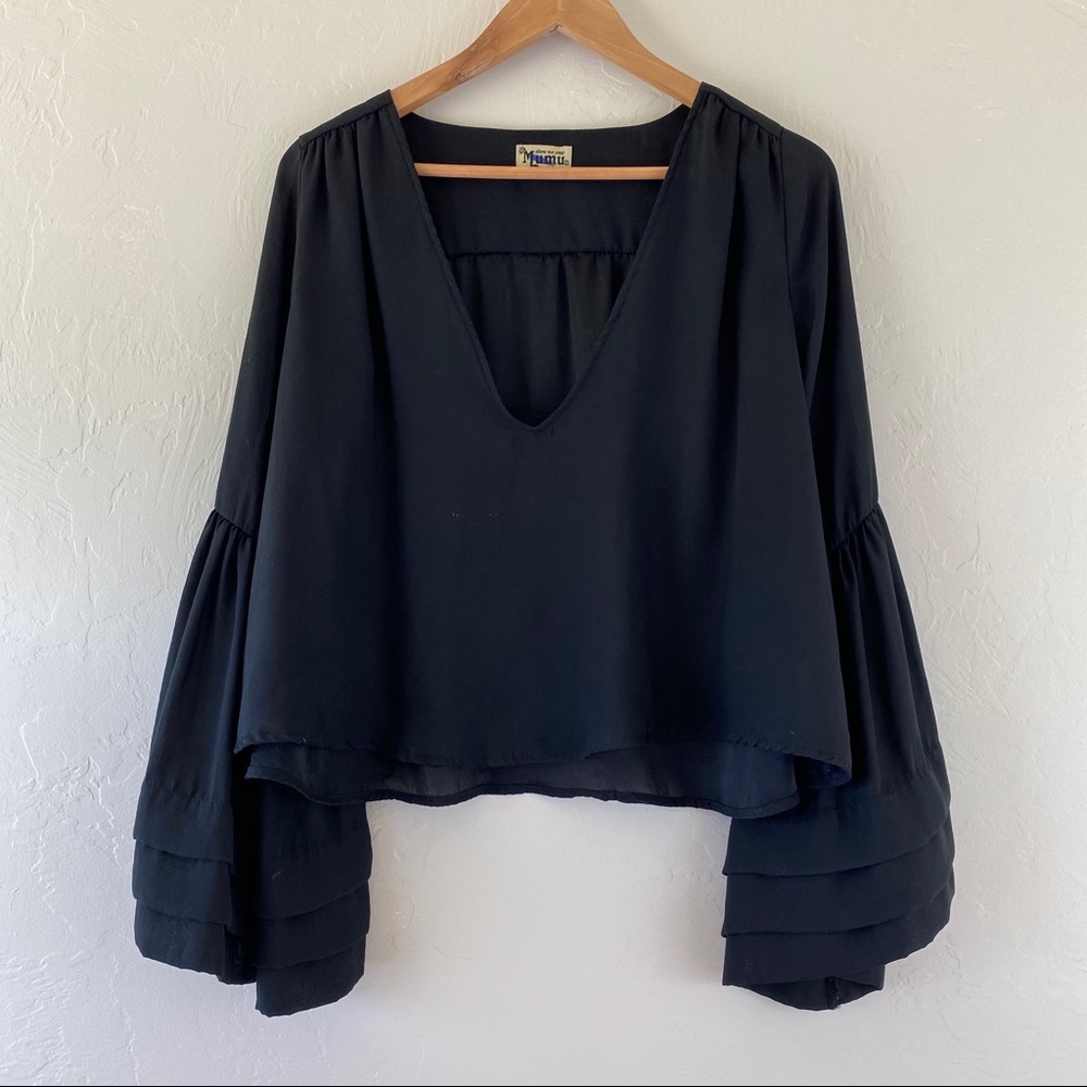 Show me Your Mumu Crop Black Sheet Bell Sleeve Top